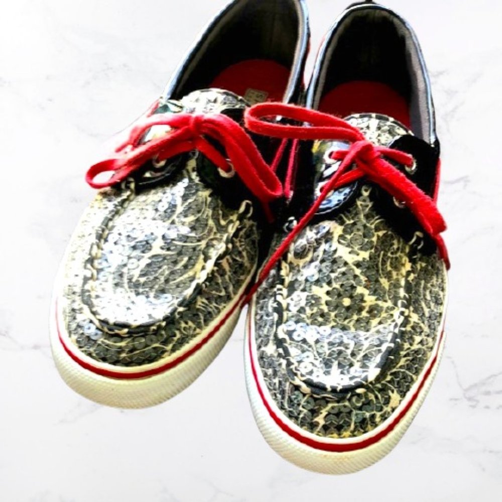 SPERRY SZ 8 B&W Floral Sequin Top-Siders